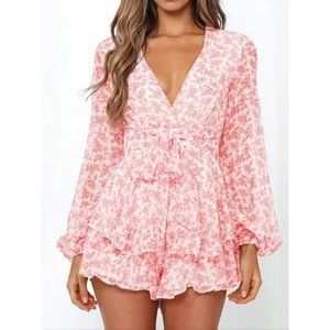 Girly Floral Long Sleeve Romper Pink White V-neck Ruffle Shorts Jumpsuit